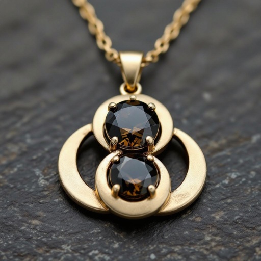 Подвеска из трех полумесяцев с узорами и камнями раухтопаза из матового неровного светлого золота с узорами соединенных цепочкой сверху самый широкий полукруг дальше средний и снизу самый маленький