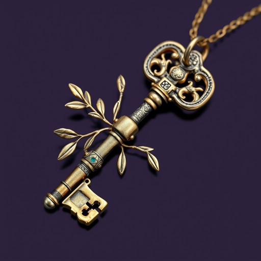 Old skeleton key shape gold and silver tones with olive branch turning on leg and keffieh print on the tip