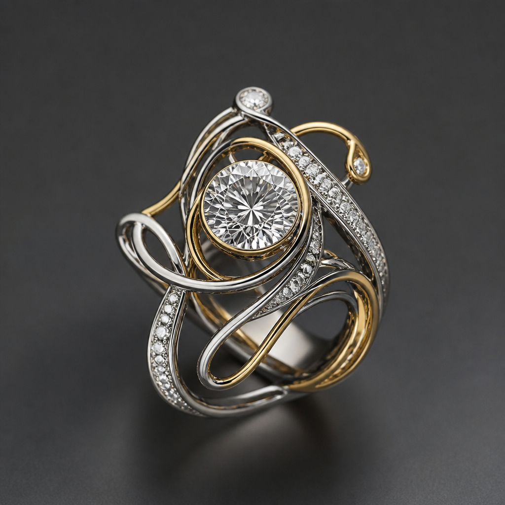 A avant-garde women's ring made of mixed metal with diamond stones suitable for festival. An extraordinary excellent beautiful delicate and elegant solitaire women ring. Face of the ring.
photorealistic jewelry design, A avant-garde women's ring made of mixed metal with diamond stones suitable for festival. An extraordinary excellent beautiful delicate and elegant solitaire women ring. Face of the ring., avant_garde style, just the design no text