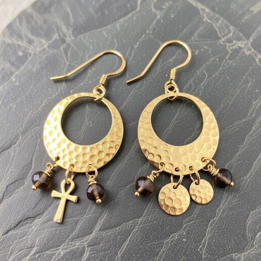 Золотые серьги словно мятое золото в форме узкого изящного полумесяца. Верхушка полумесяца крепится к застежке серьги. К нижней части полумесяца крепятся три подвески: миниатюрный золотой египетриский крест, очень маленький кристалл раухтопаза и маленький золотой кружочек с мятым эффектом плоский