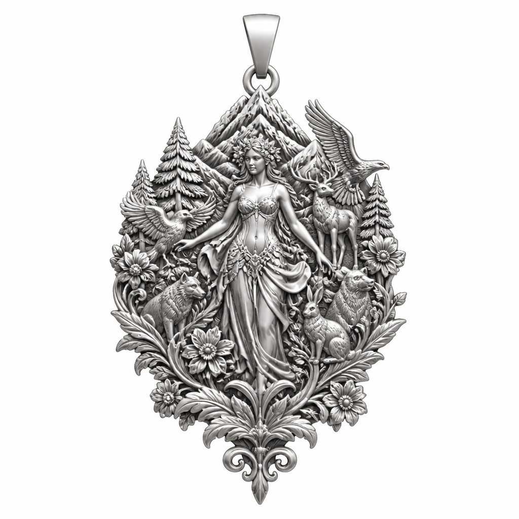 A art deco women's pendant made of silver suitable for festival. An extraordinary excellent beautiful and delicate, super modern pendant with all the elements of nature, with all the animals, with all the plants and with all the flowers of the forest of the mountains, without stones, without background only the pendant, all the animals, plants, trees, flowers, women to be like statues.
photorealistic jewelry design, A art deco women's pendant made of silver suitable for festival. An extraordinary excellent beautiful and delicate, super modern pendant with all the elements of nature, with all the animals, with all the plants and with all the flowers of the forest of the mountains, without stones, without background only the pendant, all the animals, plants, trees, flowers, women to be like statues., art_deco style, just the design no text