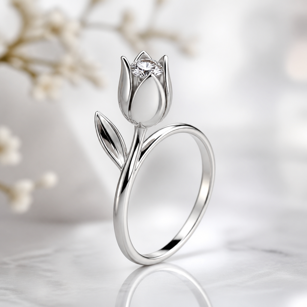 A women's ring. يكون ذهب أبيض ووردة التوليب وداخلها جوهرة الماس
photorealistic jewelry design, A women's ring. يكون ذهب أبيض ووردة التوليب وداخلها جوهرة الماس, modern style, just the design no text
