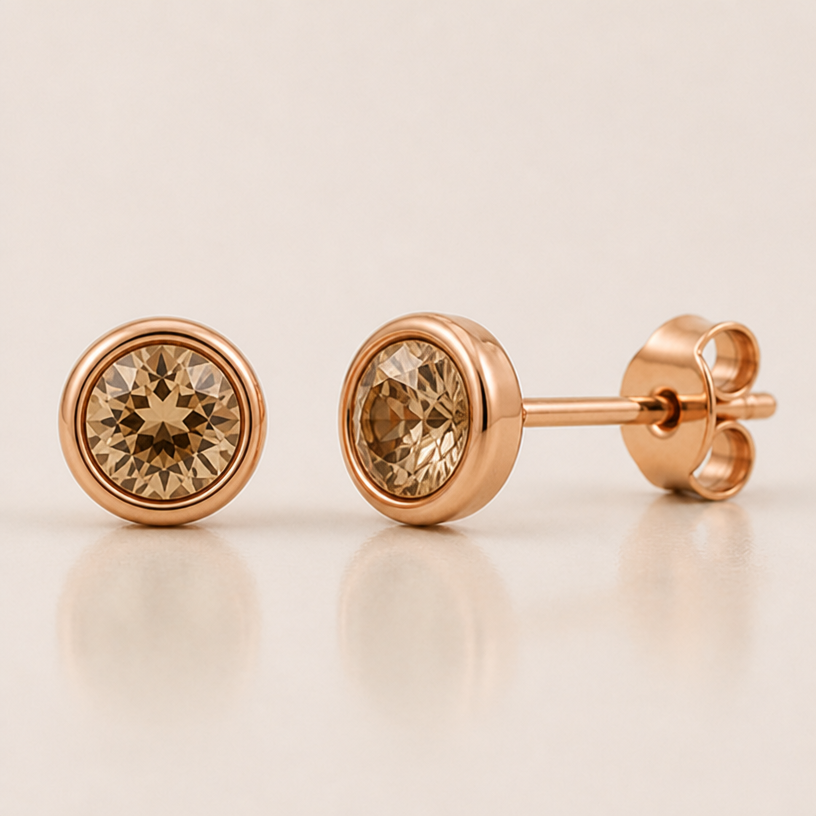 Bezel set 3.2 mm champagne diamonds, 1.5 edge, rose gold
edit the attached jewelry design with these instructions: Bezel set 3.2 mm champagne diamonds, 1.5 edge, rose gold. keep it photorealistic, just the design no text
