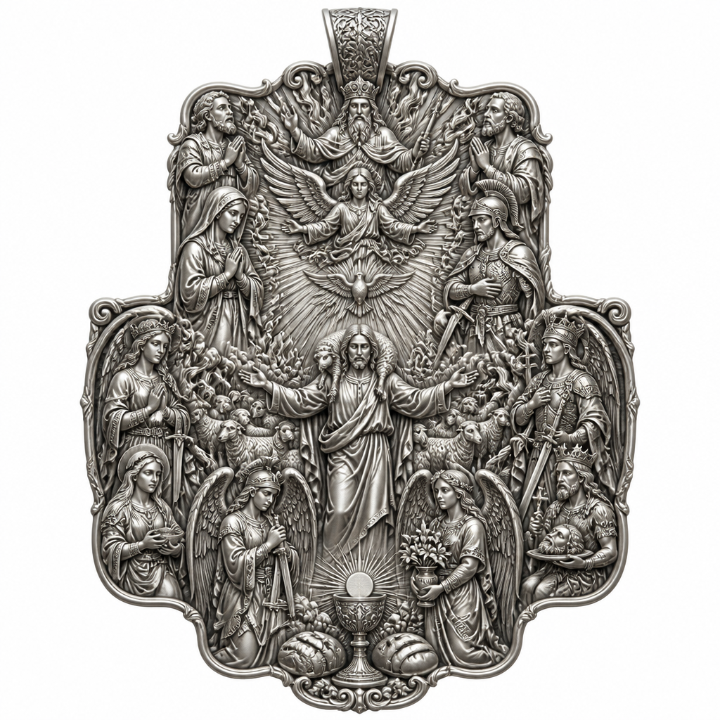 A sculptural women's pendant made of silver suitable for festival. An extraordinary excellent beautiful delicate and elegant, super modern Cross, without stones, without background only the Cross, with Jesus Christ as the Good Shepherd with a beautiful delicate and elegant face, with long hair, with a beautiful delicate elegant and fit body, with His hands wide open to receive all of us, with a beautiful delicate elegant and beautifully ornated tunic, with a beautiful delicate and elegant sheep on His shoulders, with a beautiful delicate and elegant flock of beautiful delicate and elegant sheep backward of Him. Over Jesus Christ and the flock to be placed the Holy Spirit as an Angel with a beautiful delicate and elegant face, with long hair, with big wings flying, with a beautiful delicate elegant and fit body, with a beautiful delicate elegant and beautifully ornated tunic under the Angel to be placed a beautiful delicate and elegant dove flying both of them the Angel and the dove to be surrounded by tongues of fire radiating light to Jesus Christ and the flock. Over the Holy Spirit to be placed God the Father with a beautiful delicate and elegant face, with long hair, with a beautiful delicate elegant and fit body, with a beautiful delicate and elegant tunic, with a beautiful delicate and elegant sceptre at His left hand blessing the world with His right hand, with a beautiful delicate elegant and beautifully ornated crown on His head. At the bottom of the Cross to be placed the Holy Communion with a beautiful delicate elegant and beautifully ornated chalice and two breads around the chalice. At the lower right side of the Cross to be stacked one by one Saint John the Baptist with a beautiful delicate elegant and beautifully ornated platter with his head on it. Over Saint John the Baptist to be placed Saint Constantine with a beautiful delicate and elegant face, with long hair, with a beautiful delicate and elegant crown on his head, with a beautiful delicate elegant and fit body, with a beautiful delicate and elegant armour holding a beautiful delicate elegant and beautifully ornated Cross. Over Saint Constantine to be placed Saint George with a beautiful delicate and elegant face, with long hair, with a beautiful delicate elegant and beautifully ornated helmet with a beautiful delicate elegant and fit body, with a beautiful delicate elegant and beautifully ornated armour, holding a beautiful delicate and elegant sword with his right hand at low position and near the floor giving respect to the Holy Trinity and Praying. Over Saint George to be placed Saint Peter the Apostle Praying. At the left lower side of the Cross to be placed stacked Saint Paraskevi with a beautiful delicate and elegant face, with long hair, with a beautiful delicate elegant and beautifully curved body, with a beautiful delicate elegant and beautifully ornated tunic holding a bowl with two eyes in it. Over Saint Paraskevi to be placed Saint Irene with a beautiful delicate and elegant face, with long hair, with a beautiful delicate elegant and beautifully ornated wreath on her head, with a beautiful delicate elegant and beautifully curved body, with a beautiful delicate elegant and beautifully ornated tunic Praying. Over Saint Irene to be placed Virgo Maria with a beautiful delicate and elegant face, with beautifully ornated long hair, with a beautiful delicate elegant and beautifully curved body, with a beautiful delicate elegant and beautifully ornated tunic Praying. Over Virgo Maria to be placed Saint Paul the Apostle Praying. At the right side of the Cross to be placed Saint Michael the Archangel with a beautiful delicate and elegant face, with long hair, with a beautiful delicate elegant and beautifully ornated helmet, with a beautiful delicate elegant and fit body, with big wings flying, with a beautiful delicate elegant and beautifully ornated armour, holding His beautiful delicate elegant and beautifully ornated sword low to the ground giving respect to the Holy Trinity and Praying. In front of Saint Michael the Archangel to be placed Saint Gabriel the Archangel with a beautiful delicate and elegant face, with long hair, with a beautiful delicate elegant and beautifully ornated helmet on His head, with a beautiful delicate elegant and fit body, with big wings flying, with a beautiful delicate elegant and beautifully ornated armour, holding a beautiful delicate elegant and beautifully ornated bucket of lilyes and Praying. At the left side of the Cross to be placed Saint Rafael the Archangel with a beautiful delicate and elegant face, with long hair, with a beautiful delicate elegant and beautifully ornated helmet, with a beautiful delicate elegant and fit body, with big wings flying, with a beautiful delicate elegant and beautifully ornated armour, holding a beautiful delicate elegant and beautifully ornated sword with his right hand low giving respect to the Holy Trinity and Praying. In front of Saint Rafael the Archangel to be placed the Guardian Angel with a beautiful delicate and elegant face, with long hair, with a beautiful delicate elegant and beautifully ornated with flowers wreath on His head, with a beautiful delicate elegant and fit body, with a beautiful delicate elegant and beautifully ornated tunic Praying. Make all the Angels, the Saints, God the Father, the Holy Spirit and Jesus Christ and the flock as statues.
photorealistic jewelry design, A sculptural women's pendant made of silver suitable for festival. An extraordinary excellent beautiful delicate and elegant, super modern Cross, without stones, without background only the Cross, with Jesus Christ as the Good Shepherd with a beautiful delicate and elegant face, with long hair, with a beautiful delicate elegant and fit body, with His hands wide open to receive all of us, with a beautiful delicate elegant and beautifully ornated tunic, with a beautiful delicate and elegant sheep on His shoulders, with a beautiful delicate and elegant flock of beautiful delicate and elegant sheep backward of Him. Over Jesus Christ and the flock to be placed the Holy Spirit as an Angel with a beautiful delicate and elegant face, with long hair, with big wings flying, with a beautiful delicate elegant and fit body, with a beautiful delicate elegant and beautifully ornated tunic under the Angel to be placed a beautiful delicate and elegant dove flying both of them the Angel and the dove to be surrounded by tongues of fire radiating light to Jesus Christ and the flock. Over the Holy Spirit to be placed God the Father with a beautiful delicate and elegant face, with long hair, with a beautiful delicate elegant and fit body, with a beautiful delicate and elegant tunic, with a beautiful delicate and elegant sceptre at His left hand blessing the world with His right hand, with a beautiful delicate elegant and beautifully ornated crown on His head. At the bottom of the Cross to be placed the Holy Communion with a beautiful delicate elegant and beautifully ornated chalice and two breads around the chalice. At the lower right side of the Cross to be stacked one by one Saint John the Baptist with a beautiful delicate elegant and beautifully ornated platter with his head on it. Over Saint John the Baptist to be placed Saint Constantine with a beautiful delicate and elegant face, with long hair, with a beautiful delicate and elegant crown on his head, with a beautiful delicate elegant and fit body, with a beautiful delicate and elegant armour holding a beautiful delicate elegant and beautifully ornated Cross. Over Saint Constantine to be placed Saint George with a beautiful delicate and elegant face, with long hair, with a beautiful delicate elegant and beautifully ornated helmet with a beautiful delicate elegant and fit body, with a beautiful delicate elegant and beautifully ornated armour, holding a beautiful delicate and elegant sword with his right hand at low position and near the floor giving respect to the Holy Trinity and Praying. Over Saint George to be placed Saint Peter the Apostle Praying. At the left lower side of the Cross to be placed stacked Saint Paraskevi with a beautiful delicate and elegant face, with long hair, with a beautiful delicate elegant and beautifully curved body, with a beautiful delicate elegant and beautifully ornated tunic holding a bowl with two eyes in it. Over Saint Paraskevi to be placed Saint Irene with a beautiful delicate and elegant face, with long hair, with a beautiful delicate elegant and beautifully ornated wreath on her head, with a beautiful delicate elegant and beautifully curved body, with a beautiful delicate elegant and beautifully ornated tunic Praying. Over Saint Irene to be placed Virgo Maria with a beautiful delicate and elegant face, with beautifully ornated long hair, with a beautiful delicate elegant and beautifully curved body, with a beautiful delicate elegant and beautifully ornated tunic Praying. Over Virgo Maria to be placed Saint Paul the Apostle Praying. At the right side of the Cross to be placed Saint Michael the Archangel with a beautiful delicate and elegant face, with long hair, with a beautiful delicate elegant and beautifully ornated helmet, with a beautiful delicate elegant and fit body, with big wings flying, with a beautiful delicate elegant and beautifully ornated armour, holding His beautiful delicate elegant and beautifully ornated sword low to the ground giving respect to the Holy Trinity and Praying. In front of Saint Michael the Archangel to be placed Saint Gabriel the Archangel with a beautiful delicate and elegant face, with long hair, with a beautiful delicate elegant and beautifully ornated helmet on His head, with a beautiful delicate elegant and fit body, with big wings flying, with a beautiful delicate elegant and beautifully ornated armour, holding a beautiful delicate elegant and beautifully ornated bucket of lilyes and Praying. At the left side of the Cross to be placed Saint Rafael the Archangel with a beautiful delicate and elegant face, with long hair, with a beautiful delicate elegant and beautifully ornated helmet, with a beautiful delicate elegant and fit body, with big wings flying, with a beautiful delicate elegant and beautifully ornated armour, holding a beautiful delicate elegant and beautifully ornated sword with his right hand low giving respect to the Holy Trinity and Praying. In front of Saint Rafael the Archangel to be placed the Guardian Angel with a beautiful delicate and elegant face, with long hair, with a beautiful delicate elegant and beautifully ornated with flowers wreath on His head, with a beautiful delicate elegant and fit body, with a beautiful delicate elegant and beautifully ornated tunic Praying. Make all the Angels, the Saints, God the Father, the Holy Spirit and Jesus Christ and the flock as statues., sculptural style, just the design no text