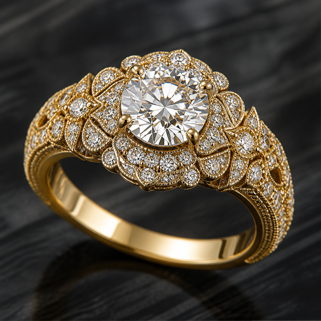 A classic women's ring made of gold with diamond stones suitable for engagement, highly ornate, intricate and elaborate, richly detailed
photorealistic jewelry design, A classic women's ring made of gold with diamond stones suitable for engagement, highly ornate, intricate and elaborate, richly detailed, classic style, just the design no text