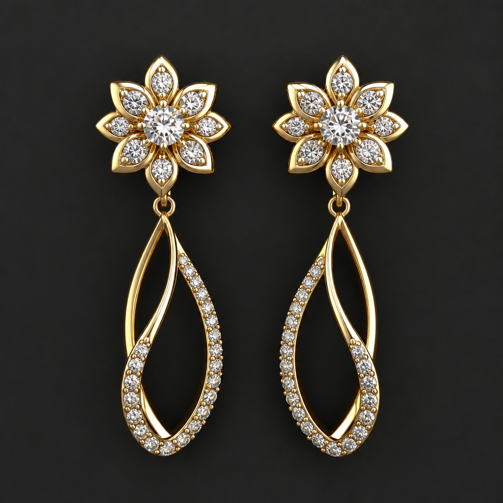 A modern women's earrings made of gold with diamond stones. I want to make earrings as in sample photo but I want an flower on top of earings
photorealistic jewelry design, A modern women's earrings made of gold with diamond stones. I want to make earrings as in sample photo but I want an flower on top of earings, modern style, just the design no text