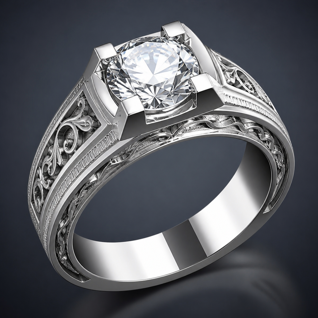 A men's ring, detailed and decorative, moderately ornate. Bague en argent pour fiançailles
photorealistic jewelry design, A men's ring, detailed and decorative, moderately ornate. Bague en argent pour fiançailles, modern style, just the design no text