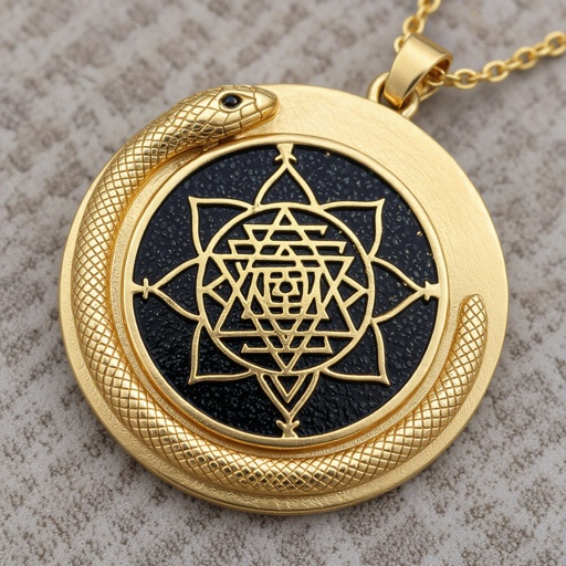 Золотой матовый кулон в виде круга, по окружности золотая тонкая змея в центре изображена янтра богини кали