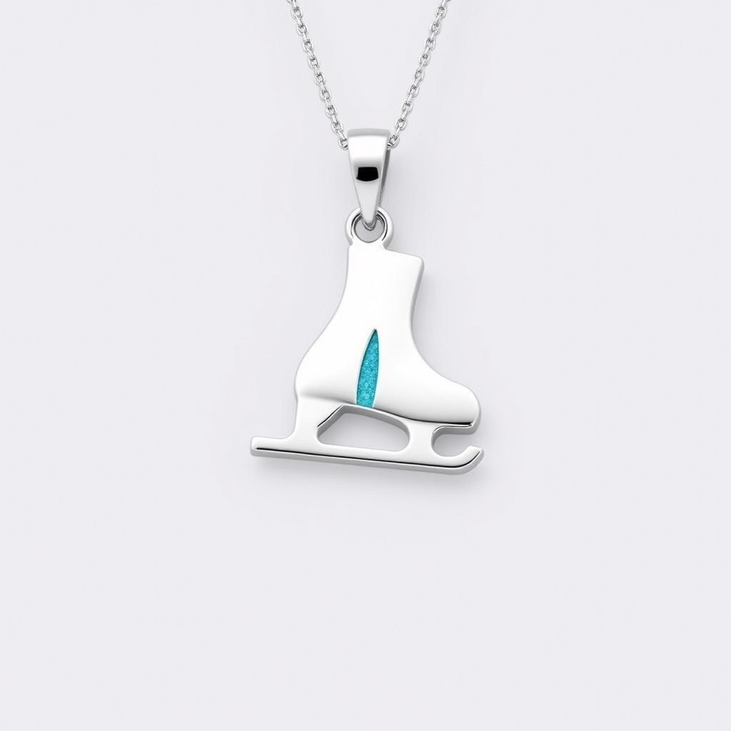 Silver pendant in the shape of ice skating blades with a turquoise stripe within the blade