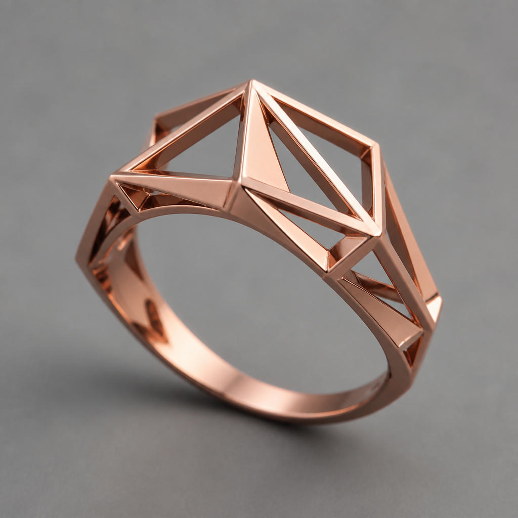 A geometric women's ring made of copper
photorealistic jewelry design, A geometric women's ring made of copper, geometric style, just the design no text