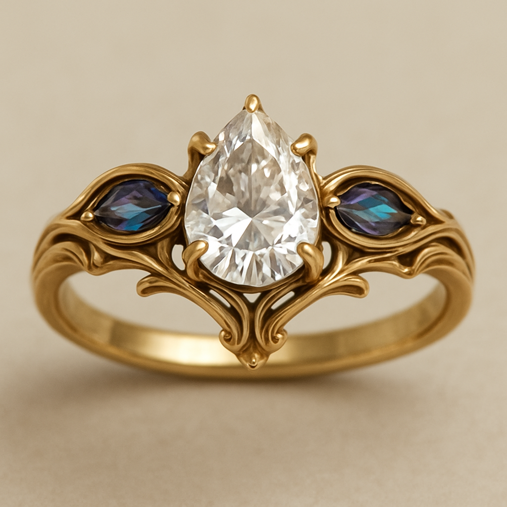 2 carat pear cut diamond engagement ring with double claw prongs in yellow gold ring with marquise shaped alexandrite side stones