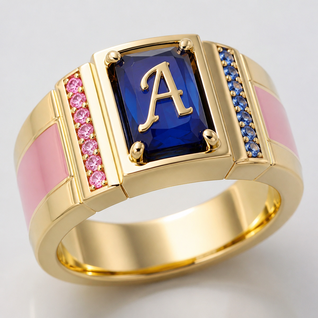 A modern women's ring made of gold suitable for birthday. um anel de 15 anos mais grosso com pedra azul com a inicial e na cor rosa com pedrinhas com frase dentro casa um com sua cor
photorealistic jewelry design, A modern women's ring made of gold suitable for birthday. um anel de 15 anos mais grosso com pedra azul com a inicial e na cor rosa com pedrinhas com frase dentro casa um com sua cor, modern style, just the design no text