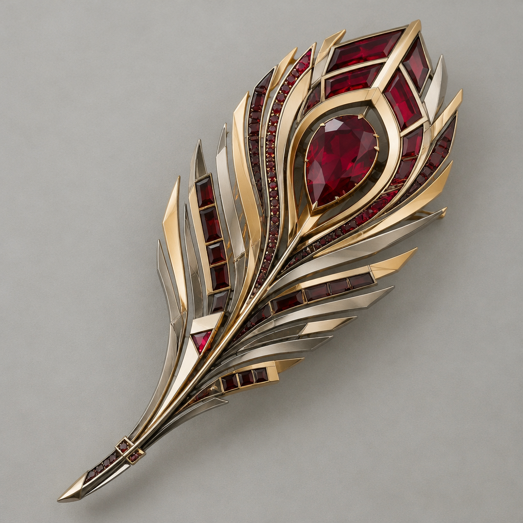 A geometric men's brooch made of mixed metal with ruby and garnet stones. peacock feather shaped broach
photorealistic jewelry design, A geometric men's brooch made of mixed metal with ruby and garnet stones. peacock feather shaped broach, geometric style, just the design no text