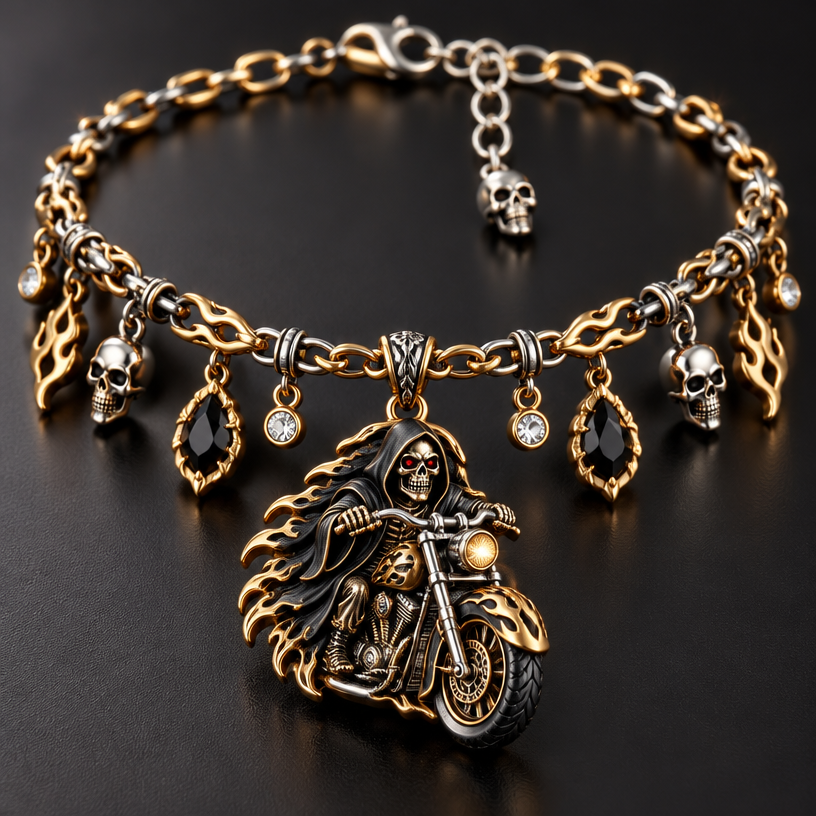A locket women's anklet made of mixed metal suitable for party, detailed and decorative, moderately ornate. reaper on a motorcycle
using the attached image as a visual reference, create A locket women's anklet made of mixed metal suitable for party, detailed and decorative, moderately ornate. reaper on a motorcycle. photorealistic, just the design no text