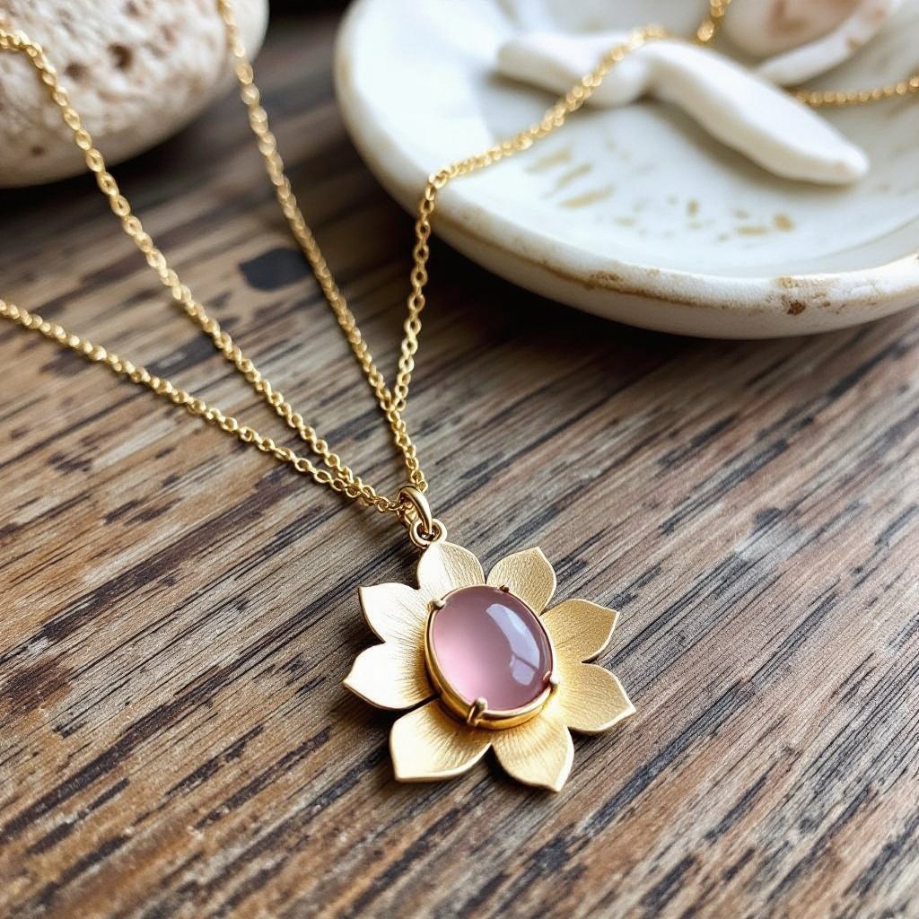 Золотая матовая цепочка. Подвеска матовая лотос шесть лепестков нижние лепестки крупнее верхних  не круглый . В сердце лотоса матовый розовый кварц овальный
