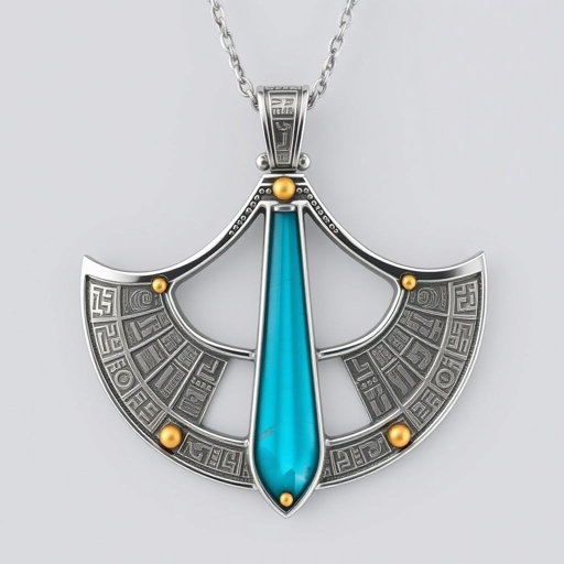 Silver pendant in the shape of ice skating blades with a turquoise stripe within the blade