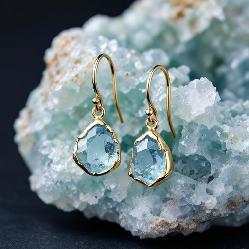 Серьги в виде кристалла аквамарина в виде длинного кристалла