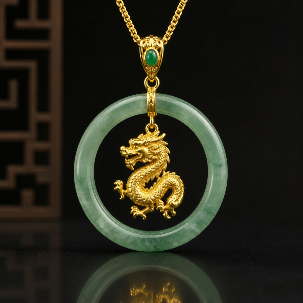 Add a golden dragon pendant dangling inside jade bracelet pendant
photorealistic jewelry design, Add a golden dragon pendant dangling inside jade bracelet pendant, bespoke style, just the design no text
