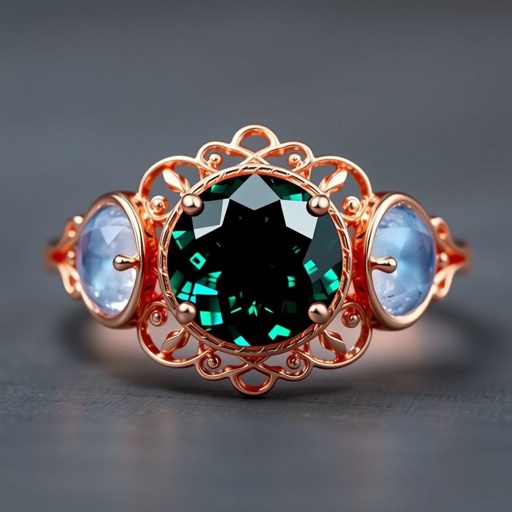 Rose gold engagement ring set with a circular alexandrite and a half moon blue chalcedony and a half moon moonstone set on either side