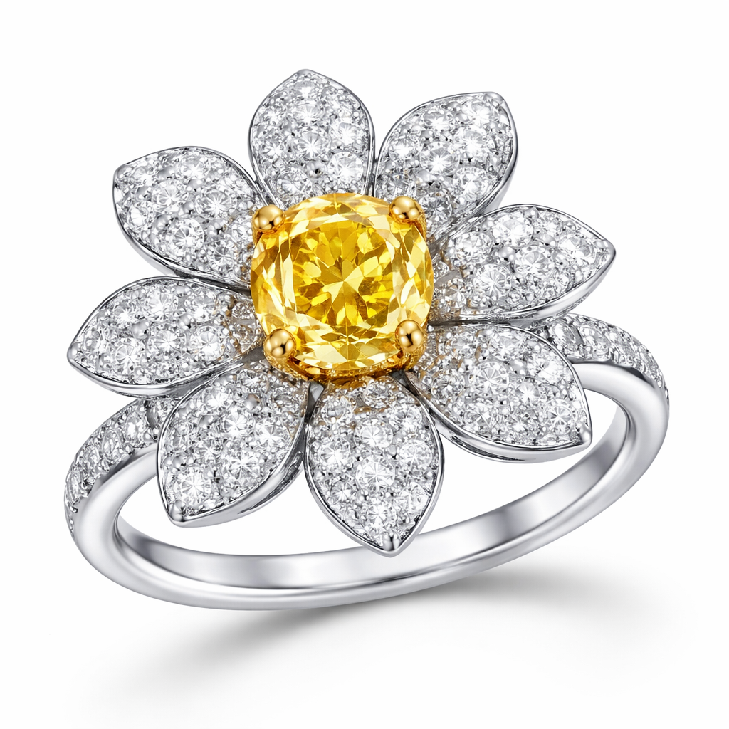 Yellow sapphire in the center of the flower, the petals of diamonds ring