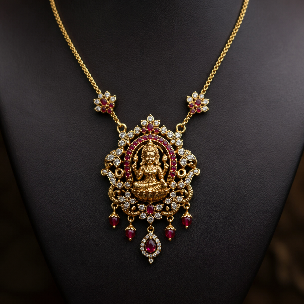 A luxury women's necklace made of gold with ruby and diamond stones. South Indian temple jewellers in for girls which is not like a necklace but can we wear as a small necklace
photorealistic jewelry design, A luxury women's necklace made of gold with ruby and diamond stones. South Indian temple jewellers in for girls which is not like a necklace but can we wear as a small necklace, luxury style, just the design no text