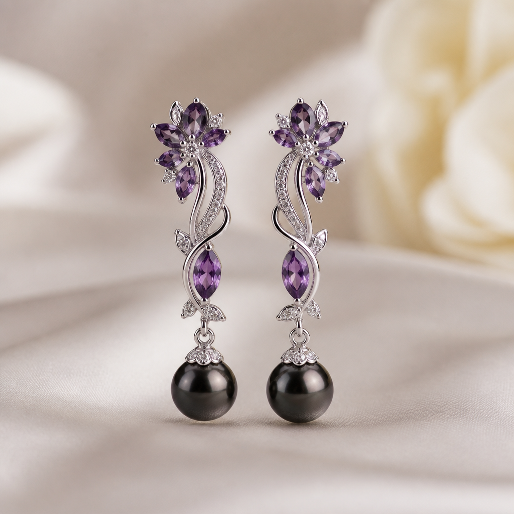 A romantic women's earrings made of white gold with amethyst and diamond stones suitable for wedding. earrings romantic with withe gold in amethyst and diamond for wedding. Refinement: ضفي لعا نوعا من الرقي مع البساطه و استعملي اللؤلؤ الأسود المدرج
photorealistic jewelry design, A romantic women's earrings made of white gold with amethyst and diamond stones suitable for wedding. earrings romantic with withe gold in amethyst and diamond for wedding. Refinement: ضفي لعا نوعا من الرقي مع البساطه و استعملي اللؤلؤ الأسود المدرج, just the design no text