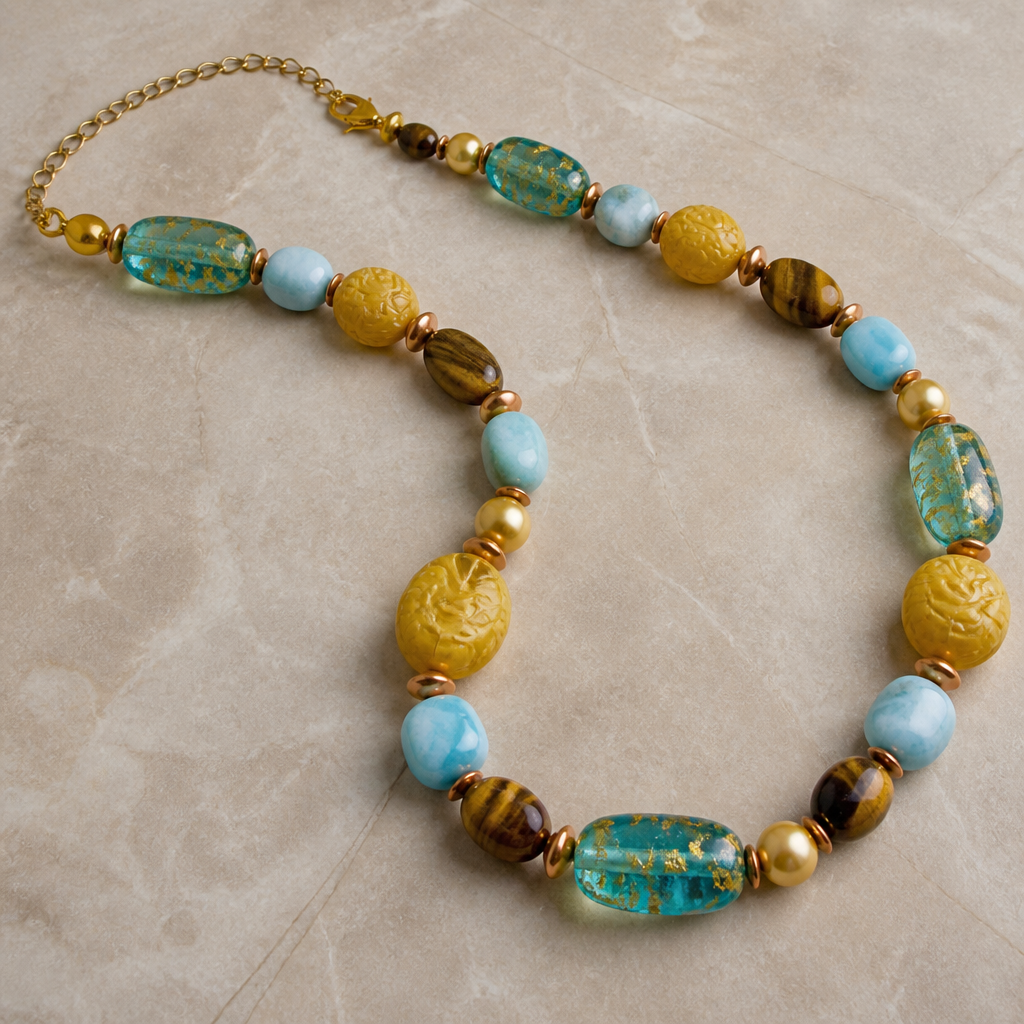 Venetian turquoise colored Glass with gold foiled swirl beads 26mm x 16mm, Larimar tumbles 12mm
× 13mm beads, gold genuine freshwater pearls 8mm, 17mm carved yellow/gold Jade round beads, 12mm x 17mm oval tigers eye beads, 5mm x 10mm rondels copper beads, necklace
photorealistic jewelry design, Venetian turquoise colored Glass with gold foiled swirl beads 26mm x 16mm, Larimar tumbles 12mm
× 13mm beads, gold genuine freshwater pearls 8mm, 17mm carved yellow/gold Jade round beads, 12mm x 17mm oval tigers eye beads, 5mm x 10mm rondels copper beads, necklace, bohemian style, just the design no text