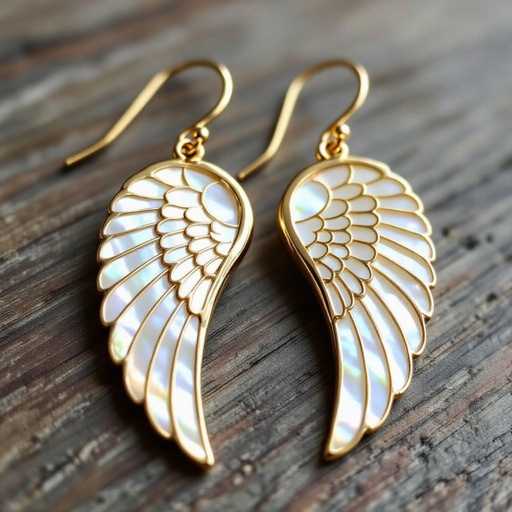 Серьги золотые в виде белого крыла ангела из перламутра 