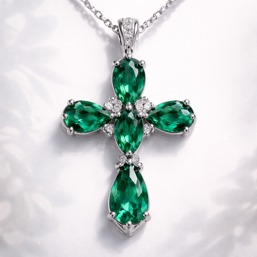 Pear cut Emerald Cross in white gold. Classic and stunning. A few accent diamonds.