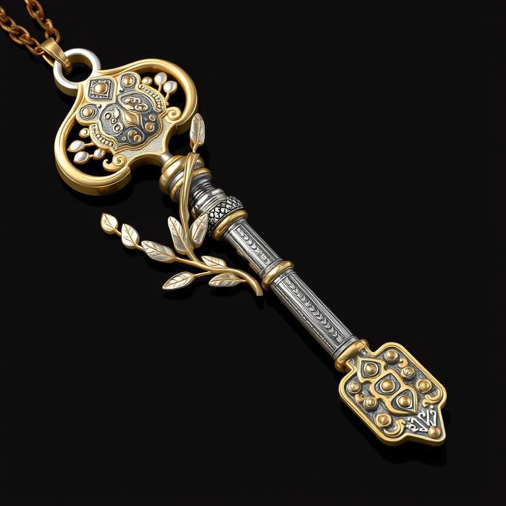 Old skeleton key shape gold and silver tones with olive branch turning on leg and keffieh print on the tip
