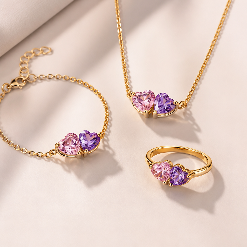 A women's ring. juego de anillo pulsera collar de oro con diamantes rosas y violeta en forma de corazón para dos niñas
photorealistic jewelry design, A women's ring. juego de anillo pulsera collar de oro con diamantes rosas y violeta en forma de corazón para dos niñas, modern style, just the design no text