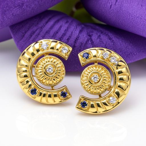 Золотые серьги в виде золотой спиральной ракушки украшенной тремя маленькими камнями 