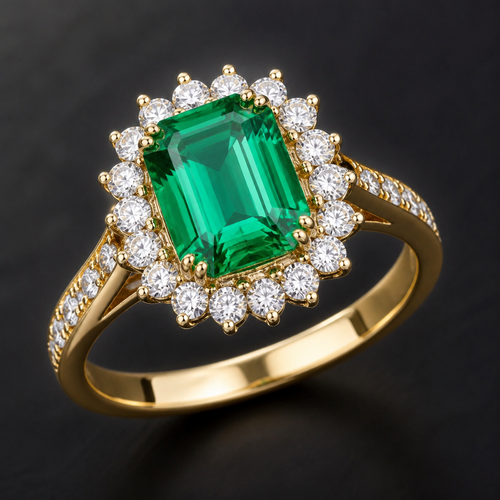 A classic women's ring made of gold with emerald and diamond stones suitable for party
photorealistic jewelry design, A classic women's ring made of gold with emerald and diamond stones suitable for party, classic style, just the design no text