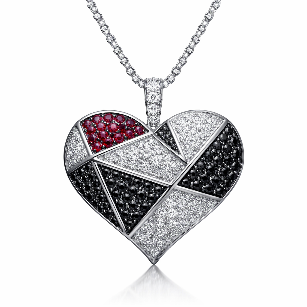 Geomatric pendant of heart of ede style and shape white black diamonds of love shape of little bit of ruby stones and chain