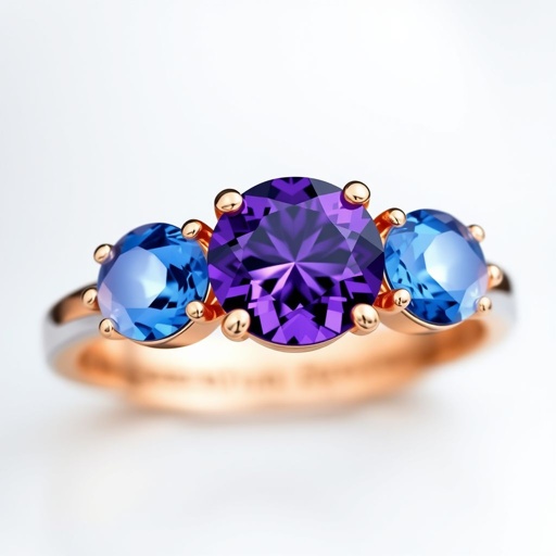 A simple, three stone 18 karat rose gold engagement ring set with a circular purple alexandrite. Also set with a small half moon cut blue chalcedony on one side right next to it, and a small half moon cut moonstone set on the other side right next to it. On the inside of the band, it has an inscription reading, “Tuum. Et in hac vita et in altera.”