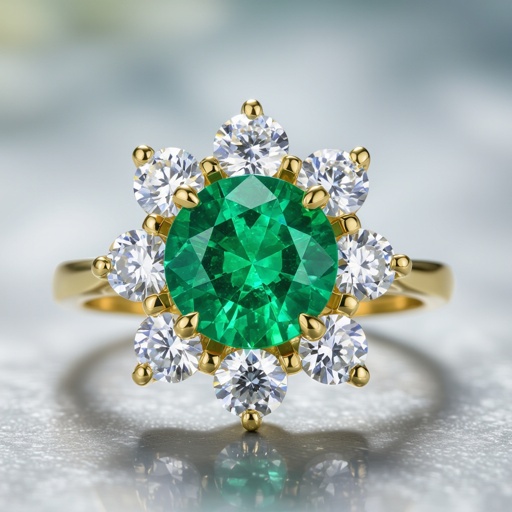 Anillo con Central de esmeralda redonda con 6 diamantes al rededor en oro amarillo 