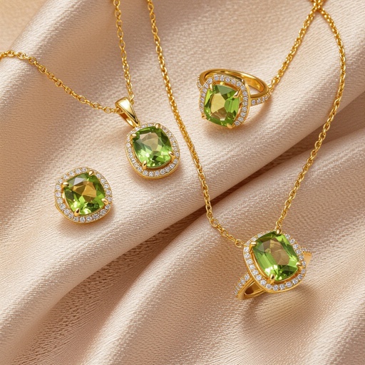 Modern peridot earring and necklace and ring  jewelry design with gold