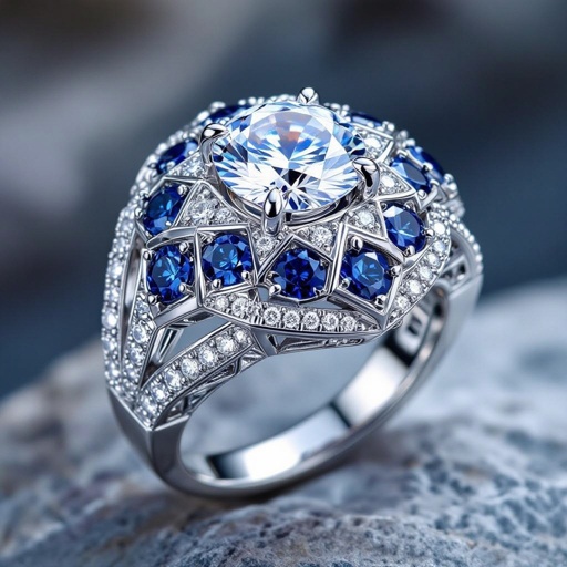 Geomatric architecture ring white gold of white diamonds and blue sapphire of edgey style and vibe Design a bold geometric architecture ring in polished white gold, featuring sharp angles and layered structures. Adorned with shimmering round white diamonds on one side and vibrant blue sapphires cascading from the edges, this edgy statement piece embodies modern elegance and artistic flair, perfect for the contemporary, confident wearer.