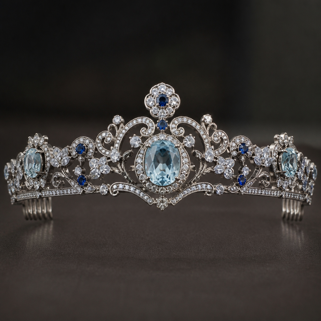 A vintage women's tiara made of white gold with aquamarine and sapphire and diamond stones suitable for daily wear, highly ornate, intricate and elaborate, richly detailed. delicado y sencillo pero elegante
photorealistic jewelry design, A vintage women's tiara made of white gold with aquamarine and sapphire and diamond stones suitable for daily wear, highly ornate, intricate and elaborate, richly detailed. delicado y sencillo pero elegante, vintage style, just the design no text