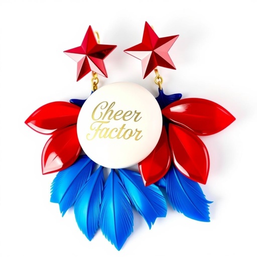 Red white and blue medal earrings that says cheer factor