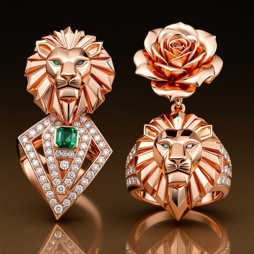 Earrings set of Lion king edges Geometric lion ring of rose gold and white goldGeomatricw lion of architecture shape and edge of diamonds and emerlad of rose gold 
