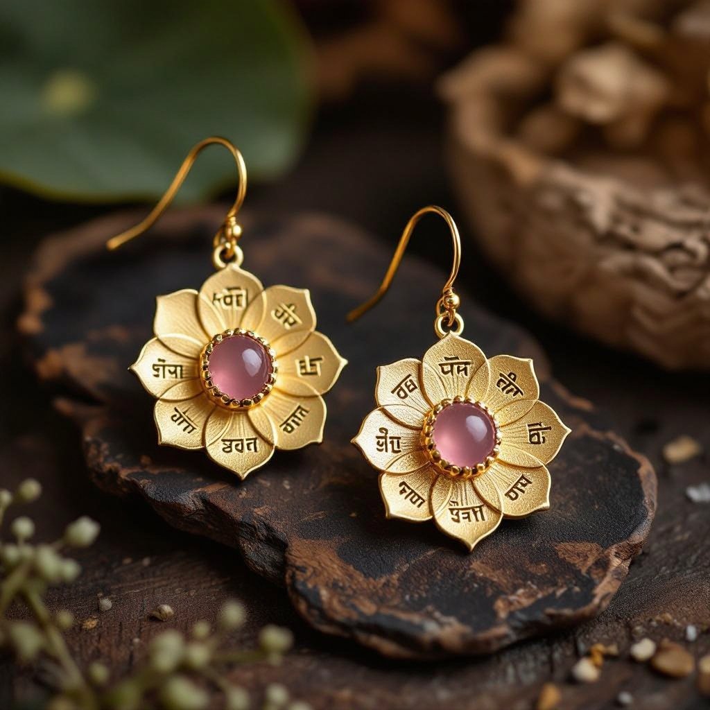 Gold-colored matte ring earrings. The diameter is 1 cm. Pendant in the form of a flat lotus with 6 petals. In the center of the lotus is a rose quartz stone. There are mantras in Sanskrit in small print on the petals.