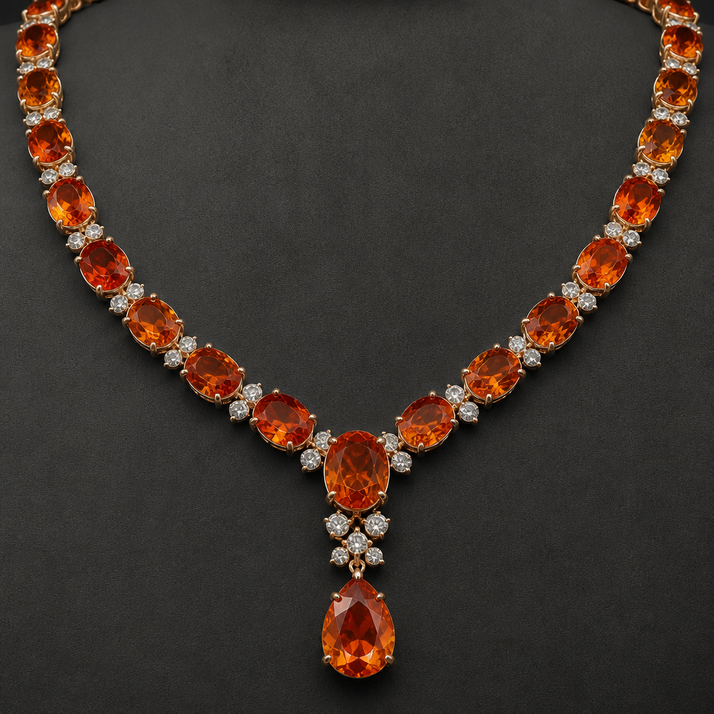 Create necklace of spessartite garnet like bulgalri big spesartite garnet
photorealistic jewelry design, Create necklace of spessartite garnet like bulgalri big spesartite garnet, just the design no text