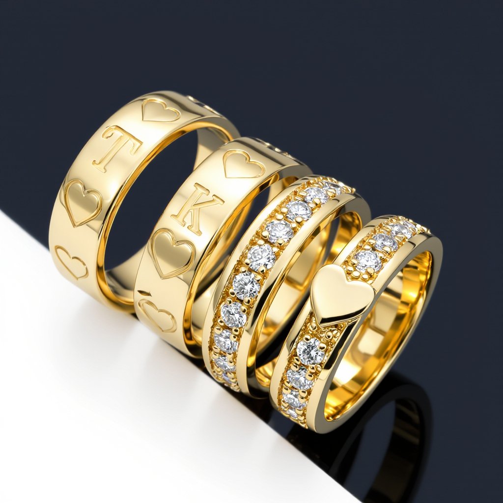 A men’s bold 14K band with repeating raised hearts (one engraved with T, one with K, and diamonds in the others).