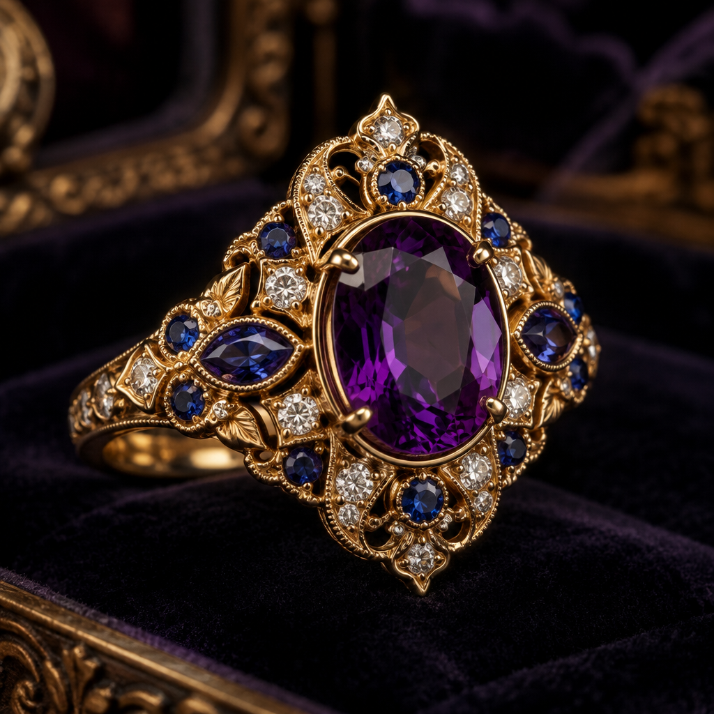 A modern women's ring made of rose gold with diamond and aquamarine and amethyst stones suitable for daily wear, detailed and decorative, moderately ornate. Vintage Royal Amethyst, Sapphire & Diamond Jewelry
Design an exquisite vintage-inspired luxury jewel influenced by Edwardian and Art Deco high jewelry from the 1920s. Feature a large, deep violet amethyst as the central gemstone, surrounded by brilliant-cut diamonds and rich royal-blue sapphires arranged in an intricate, symmetrical pattern. Set the gemstones in polished yellow gold with delicate filigree, milgrain edges, fine engraved details, and elegant floral motifs. The design should feel regal, romantic, mysterious, and timeless, like a rare heirloom from an old European royal family. Intricate craftsmanship, realistic gemstones, luxurious antique aesthetic, refined proportions, photorealistic jewelry rendering, soft dramatic lighting, dark velvet background.
photorealistic jewelry design, A modern women's ring made of rose gold with diamond and aquamarine and amethyst stones suitable for daily wear, detailed and decorative, moderately ornate. Vintage Royal Amethyst, Sapphire & Diamond Jewelry
Design an exquisite vintage-inspired luxury jewel influenced by Edwardian and Art Deco high jewelry from the 1920s. Feature a large, deep violet amethyst as the central gemstone, surrounded by brilliant-cut diamonds and rich royal-blue sapphires arranged in an intricate, symmetrical pattern. Set the gemstones in polished yellow gold with delicate filigree, milgrain edges, fine engraved details, and elegant floral motifs. The design should feel regal, romantic, mysterious, and timeless, like a rare heirloom from an old European royal family. Intricate craftsmanship, realistic gemstones, luxurious antique aesthetic, refined proportions, photorealistic jewelry rendering, soft dramatic lighting, dark velvet background., modern style, just the design no text