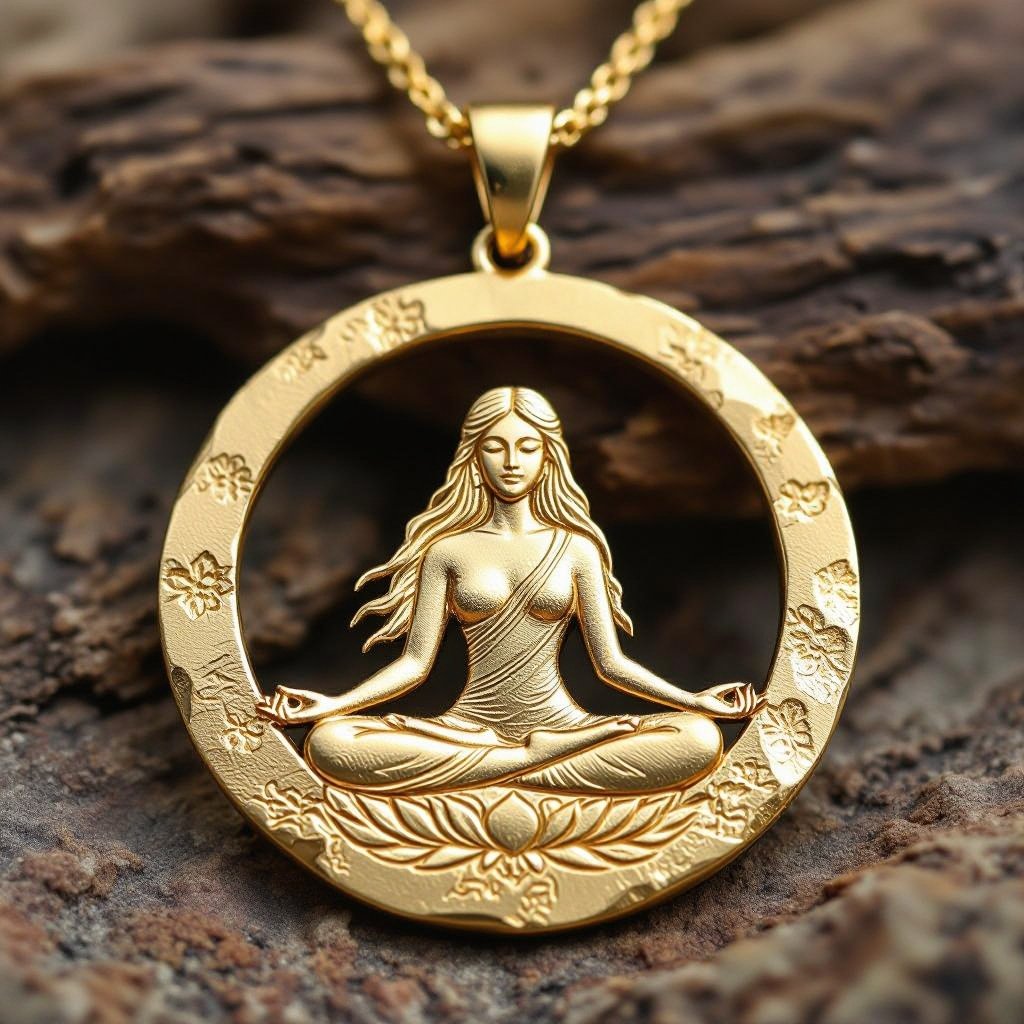Золотой кулон в виде неровного круга в круге выгравирована женщина с длинными волосами в позе лотоса
