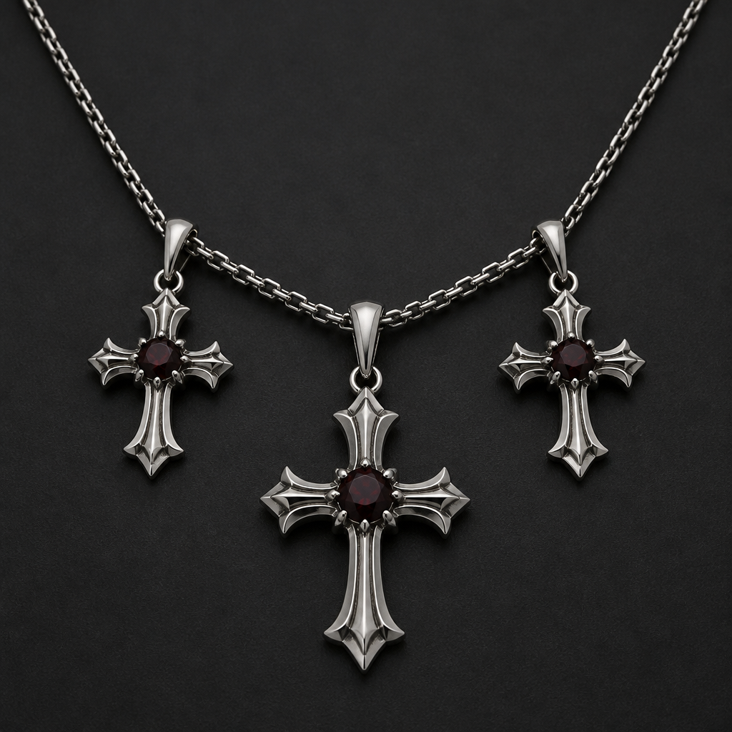 A gothic men's necklace made of white gold with garnet stones suitable for daily wear. un collar de tres cruces con incrustados de granate en el centro
photorealistic jewelry design, A gothic men's necklace made of white gold with garnet stones suitable for daily wear. un collar de tres cruces con incrustados de granate en el centro, gothic style, just the design no text