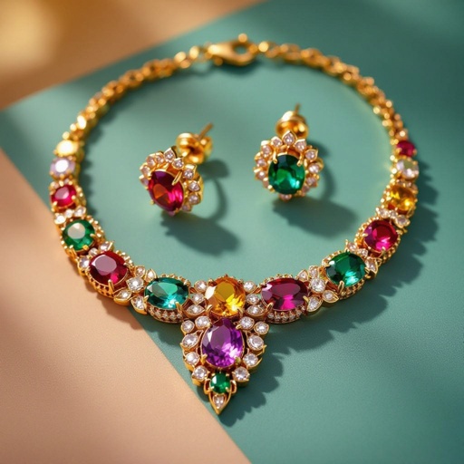 Necklace and ring and earring with luxury colorful jewel with gold