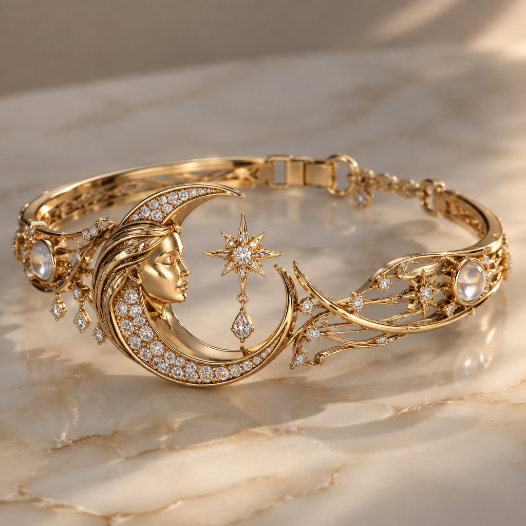 A luxury women's bracelet made of gold with diamond stones. moongoddes
photorealistic jewelry design, A luxury women's bracelet made of gold with diamond stones. moongoddes, luxury style, just the design no text