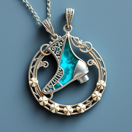 Silver pendant in the shape of ice skating blades with a turquoise stripe within the blade